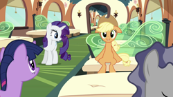 Size: 1334x750 | Tagged: safe, imported from derpibooru, screencap, applejack, rarity, twilight sparkle, earth pony, unicorn, applejack's hat, cowboy hat, female, floppy ears, friendship express, hat, locomotive, mare, steam locomotive, train