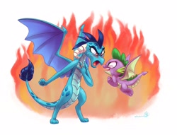 Size: 3400x2600 | Tagged: safe, artist:whitediamonds, imported from derpibooru, part of a set, princess ember, spike, dragon, angry, argument, dragoness, emberspike, female, fire, flying, jewelry, male, ring, shipping, simple background, spread wings, straight, wedding ring, white background, winged spike, wings