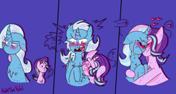 Size: 1884x1000 | Tagged: safe, artist:rubytheyubi, imported from derpibooru, starlight glimmer, trixie, pony, unicorn, 3 panel comic, blue background, blushing, chest fluff, comic, duo, female, heart, lesbian, one ear down, shipping, simple background, startrix