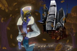 Size: 4710x3147 | Tagged: safe, artist:zlatdesign, imported from derpibooru, oc, oc only, oc:axtus, anthro, unicorn, alone, anthro oc, autumn, city, clothes, cyberpunk, glowing, glowing eyes, jacket, leaf, leaves, male, park, phone, skyscraper, solo, tree, walking