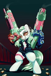 Size: 800x1200 | Tagged: safe, artist:redvais, imported from twibooru, pony, semi-anthro, bipedal, chest fluff, clothes, cyberpunk: edgerunners, female, gun, image, looking at you, mare, needs more jpeg, ponified, rebecca, solo, weapon