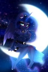 Size: 1353x2000 | Tagged: safe, artist:taiweiart, imported from derpibooru, princess luna, alicorn, anthro, unguligrade anthro, crescent moon, female, moon, sitting, smiling, solo