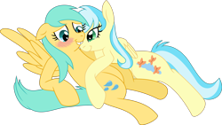 Size: 4526x2556 | Tagged: safe, artist:enigmaticfrustration, artist:thatusualguy06, imported from derpibooru, misty fly, sunshower raindrops, pegasus, pony, .svg available, blushing, duo, eye clipping through hair, female, folded wings, gritted teeth, high res, lesbian, lying down, mare, mistydrops, prone, shipping, simple background, spread wings, svg, teeth, transparent background, vector, wings
