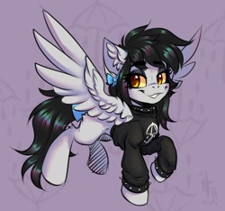 Size: 1244x1165 | Tagged: safe, artist:falafeljake, imported from derpibooru, oc, oc only, oc:lightning dee, pegasus, pony, bow, bring me the horizon, choker, clothes, colored sclera, commisison, ear fluff, female, hoodie, mare, raised hoof, solo, spiked choker, spiked wristband, spread wings, tail, tail bow, wings, wristband