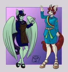 Size: 3000x3160 | Tagged: safe, artist:dimvitrarius, imported from derpibooru, oc, oc only, oc:curiassity, oc:doughnut, anthro, pegasus, unicorn, anthro oc, apron, bare legs, clothes, curved horn, hoof shoes, horn, simple background, skirt, uniform, wrench