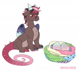 Size: 2200x2000 | Tagged: safe, artist:dozyarts, imported from derpibooru, oc, oc only, oc:pandemonium, draconequus, blanket, child, egg, nest, offspring, parent:discord, parent:oc:dozy, parents:canon x oc, simple background, solo, white background