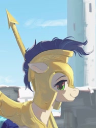 Size: 675x900 | Tagged: safe, artist:hichieca, imported from derpibooru, oc, oc only, pony, armor, commission, female, guardsmare, helmet, looking at you, mare, royal guard, side view, smiling, solo, spear, weapon, ych result