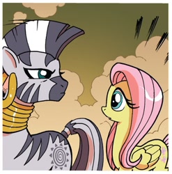 Size: 736x746 | Tagged: safe, artist:tonyfleecs, idw, imported from derpibooru, fluttershy, zecora, pegasus, pony, zebra, friends forever, spoiler:comic, duo, female, mare
