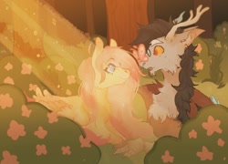 Size: 1042x750 | Tagged: safe, artist:dilfpooi, imported from derpibooru, discord, fluttershy, butterfly, antlers, discoshy, female, flower, fluffy, glasses, male, shipping, straight, sunlight