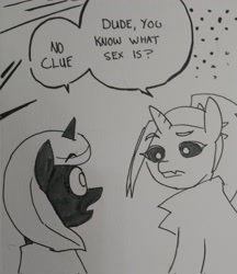 Size: 1768x2048 | Tagged: safe, artist:pony quarantine, imported from derpibooru, oc, oc:dyx, oc:nyx, alicorn, pony, dialogue, duo, female, filly, foal, grayscale, monochrome, sister, speech bubble, traditional art