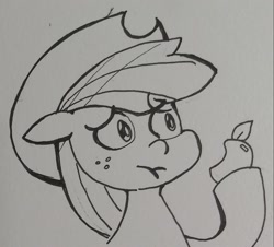 Size: 1503x1361 | Tagged: safe, artist:pony quarantine, imported from derpibooru, applejack, earth pony, pony, apple, applejack's hat, cowboy hat, eating, female, floppy ears, food, grayscale, hat, herbivore, hoof hold, mare, monochrome, solo, traditional art