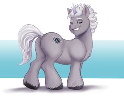 Size: 3900x3024 | Tagged: safe, artist:sallylla, imported from derpibooru, pony, unicorn, alphabittle blossomforth, alphabooty, bedroom eyes, butt, dock, eyebrows, freckles, full body, g5, grin, horn, lidded eyes, male, my little pony: a new generation, plot, raised hoof, raised tail, seductive, seductive look, sexy, simple background, smiling, smug, solo, stallion, standing, stupid sexy alphabittle, tail, teeth, unshorn fetlocks, younger