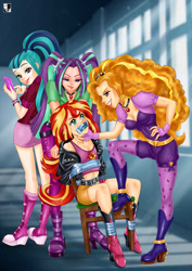 Size: 1000x1414 | Tagged: safe, artist:lord--opal, imported from derpibooru, adagio dazzle, aria blaze, sonata dusk, sunset shimmer, human, equestria girls, arm behind back, bondage, chair, duct tape, female, gag, human coloration, phone, smiling, sunset shimmer gets all the dazzlings, tape, tape bondage, tape gag, the dazzlings, tied to chair