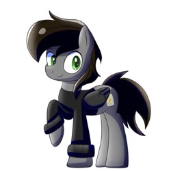 Size: 787x787 | Tagged: safe, artist:trackheadtherobopony, imported from derpibooru, oc, oc only, oc:razor uniboop, pegasus, pony, clothes, simple background, solo, white background