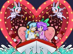 Size: 2160x1620 | Tagged: safe, artist:gissy, imported from derpibooru, oc, oc only, oc:mable syrup, oc:musicallie, human, rabbit, equestria girls, animal, blue hair, blushing, boat, bow, brown eyes, clothes, deaf, dress, female, flower, gray eyes, green eyes, hair bow, headphones, heart, holding hands, hoodie, lesbian, long hair, love, purple hair, rose, tunnel, tunnel of love, water, wings