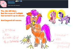 Size: 4200x2800 | Tagged: safe, artist:horsesplease, imported from derpibooru, pinkie pie, sunny starscout, twilight sparkle, alicorn, earth pony, pony, unown, series:ask failblazer, ask, banana, blood for the blood god, chaos (warhammer fantasy), cherry blossoms, curse, cyrillic, eating, fine art parody, flower, flower blossom, flower in hair, food, g5, goddess, halo, herbivore, insanity, khorne, pineapple, pinkamena diane pie, pokémon, russian, sakura pie, saturn devouring his son, simple background, sunny and her heroine, that magic was not yours to give, twilight sparkle (alicorn), twilight's curse, warhammer (game), warhammer 40k, warhammer fantasy, white background