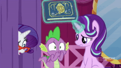 Size: 1280x720 | Tagged: safe, imported from derpibooru, screencap, rarity, spike, starlight glimmer, dragon, pony, unicorn, a-dressing memories, spoiler:a-dressing memories, 9now, animated, female, glowing, glowing horn, horn, magic, male, mare, sound, telekinesis, trio, webm, winged spike, wings