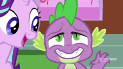 Size: 1280x720 | Tagged: safe, imported from derpibooru, screencap, spike, starlight glimmer, dragon, pony, unicorn, cakes for the memories, spoiler:cakes for the memories, 9now, animated, duo, female, male, mare, sound, webm