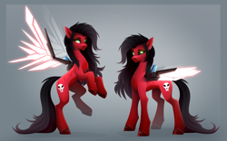 Size: 1082x676 | Tagged: safe, artist:buvanybu, imported from derpibooru, oc, oc only, oc:scarlet shrike, cyborg, cyborg pony, pegasus, pony, amputee, artificial wings, augmented, chaos, crossover, female, hooves, khorne, pegasus oc, prosthetic eye, prosthetic limb, prosthetic wing, prosthetics, red and black oc, scar, slim, solo, warhammer (game), warhammer 40k, wings