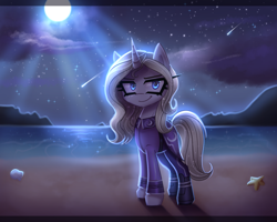 Size: 2800x2243 | Tagged: safe, artist:opal_radiance, imported from derpibooru, oc, oc only, oc:silver bullet, unnamed oc, pony, unicorn, beach, empire, high res, horn, looking at you, moon, new lunar republic, night, shooting star, smiling, smiling at you, solo, unicorn oc