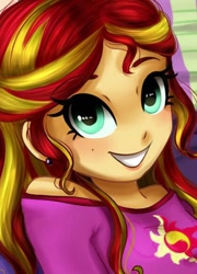 Size: 376x522 | Tagged: safe, artist:cosmicponye, edit, imported from derpibooru, sunset shimmer, human, equestria girls, cropped, cute, grin, shimmerbetes, smiling