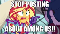 Size: 888x499 | Tagged: safe, edit, edited screencap, imported from derpibooru, screencap, sci-twi, sunset shimmer, twilight sparkle, human, equestria girls, friendship games, among us, angry, exploitable meme, image macro, meme, pointing, sunset yells at twilight