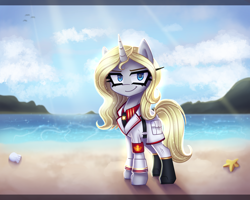 Size: 2800x2243 | Tagged: safe, artist:opal_radiance, imported from derpibooru, oc, oc only, oc:silver bullet, unnamed oc, pony, unicorn, beach, cloud, empire, high res, horn, looking at you, smiling, smiling at you, smirk, solar empire, solo, sun, unicorn oc