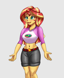 Size: 1500x1800 | Tagged: safe, artist:zachc, imported from derpibooru, sunset shimmer, human, equestria girls, adorasexy, belly button, belt, breasts, busty sunset shimmer, clothes, curvy, cute, denim, denim shorts, female, happy, jumper, open mouth, open smile, sexy, shorts, smiling, solo, stupid sexy sunset shimmer, teenager, turquoise eyes, two toned hair, yellow eyes