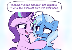 Size: 2927x2050 | Tagged: safe, artist:moozua, imported from derpibooru, starlight glimmer, trixie, pony, unicorn, dialogue, duo, female, looking at each other, looking at someone, mare, pickle rick, simple background, speech bubble, vulgar