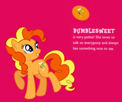 Size: 978x817 | Tagged: safe, artist:pagiepoppie12345, imported from derpibooru, bumblesweet, bee, earth pony, insect, pony, cutie mark, female, flying, mare, pink background, raised hoof, raised leg, simple background, smiling, text