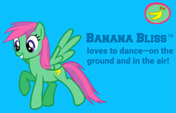 Size: 1243x802 | Tagged: safe, artist:detailedatream1991, artist:pagiepoppie12345, artist:ukulelemoon, imported from derpibooru, banana bliss, pegasus, pony, banana, blue background, cutie mark, female, food, mare, simple background, smiling, spread wings, text, wings