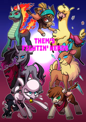 Size: 1000x1414 | Tagged: safe, artist:tommymakoto, imported from derpibooru, shanty (tfh), alpaca, classical unicorn, cow, deer, dog, dragon, goat, hybrid, lamb, longma, reindeer, sheep, unicorn, them's fightin' herds, arizona (tfh), book, cloven hooves, community related, female, fightin' seven, fightin' six, leonine tail, oleander (tfh), paprika (tfh), pom (tfh), puppy, tianhuo (tfh), unicornomicon, unshorn fetlocks, velvet (tfh)