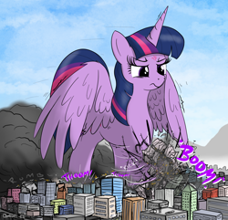 Size: 2520x2426 | Tagged: safe, artist:qkersnll, imported from derpibooru, twilight sparkle, alicorn, pony, angry, city, cross-popping veins, destruction, emanata, female, giant pony, giantess, high res, macro, mare, mega giant, solo, twilight sparkle (alicorn), twizilla