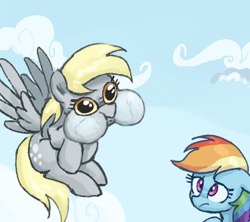 Size: 453x402 | Tagged: safe, artist:plunger, imported from derpibooru, derpy hooves, rainbow dash, pegasus, pony, drawthread, duo, female, flying, mare, ponified, ponified animal photo, puffy cheeks, requested art, spread wings, wings