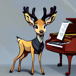 Size: 1024x1024 | Tagged: safe, editor:paracompact, imported from derpibooru, oc, oc only, oc:bon vivant, deer, reindeer, fanfic:bug in a blizzard, ai assisted, ai content, clothes, deer oc, fanfic art, generator:stable diffusion, musical instrument, non-pony oc, piano, sheet music, simple background, solo, story in the source, suit