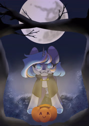 Size: 2894x4093 | Tagged: safe, artist:snowflake_pone, imported from derpibooru, oc, oc only, oc:snowflake, pony, undead, unicorn, vampire, zombie, clothes, clown, commission, costume, cute, halloween, halloween costume, halloween ych, holiday, horn, moon, pumpkin, solo, tree, witch, your character here