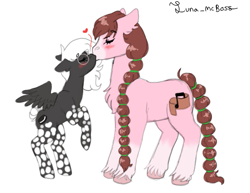 Size: 649x500 | Tagged: safe, artist:luna_mcboss, imported from derpibooru, oc, oc only, oc:double stuff, oc:yamire, clydesdale, earth pony, pegasus, pony, blaze (coat marking), blushing, brown mane, chest fluff, coat markings, cute, duo, duo female, ear fluff, earth pony oc, eyes closed, facial markings, female, glasses, gray coat, hair tie, kisses, kissing, lesbian, long hair, mottled coat, oc x oc, pegasus oc, pink coat, shipping, simple background, socks (coat markings), tail, tail bun, unshorn fetlocks, white background, white mane, wholesome, wings