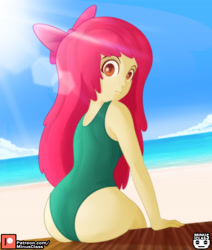 Size: 2976x3507 | Tagged: safe, alternate version, artist:minusclass, imported from derpibooru, apple bloom, human, equestria girls, alternate character, ass, beach, bloom butt, butt, clothes, cloud, crepuscular rays, female, high res, lens flare, looking at you, looking back, looking back at you, one-piece swimsuit, patreon, patreon logo, sand, solo, summer, swimsuit, water