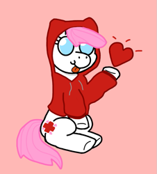 Size: 571x631 | Tagged: safe, imported from derpibooru, nurse redheart, earth pony, pony, :p, clothes, female, heart, hoodie, mare, mlem, no pupils, silly, simple background, sitting, solo, tongue out