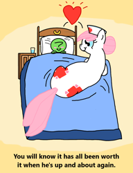 Size: 990x1288 | Tagged: artist needed, source needed, safe, imported from derpibooru, nurse redheart, oc, oc:anon, earth pony, human, pony, bed, blush sticker, blushing, both cutie marks, cute, female, floating heart, hat, heart, heartabetes, mare, nurse hat, simple background, smiling, text, wholesome