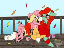 Size: 1600x1200 | Tagged: safe, artist:gray star, derpibooru exclusive, imported from derpibooru, oc, oc only, oc:sunny side(gray star), oc:wella heartsong, earth pony, pony, autumn, chocolate, choker, clothes, cuddling, female, floppy ears, food, glasses, happy, hot chocolate, leaves, shipping, sweater, trans female, transgender, transgender oc