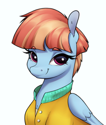 Size: 2309x2725 | Tagged: safe, artist:aquaticvibes, imported from derpibooru, windy whistles, pegasus, pony, bust, clothes, female, folded wings, looking at you, mare, portrait, shirt, simple background, solo, white background, wings