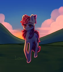 Size: 1500x1700 | Tagged: safe, artist:lotami_owo, imported from derpibooru, apple bloom, earth pony, pony, cloud, female, filly, foal, grass, grass field, solo, sunset