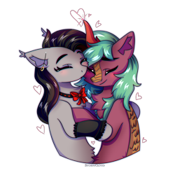 Size: 2500x2500 | Tagged: safe, artist:fluffywhirlpool, imported from derpibooru, oc, oc only, oc:selketo, oc:valentora, bat pony, kirin, pony, wingless bat pony, blushing, bow, bowtie, bust, chest fluff, chromatic aberration, commission, cute, ear fluff, ear piercing, eyes closed, female, heart, horn, hug, kirin oc, male, mare, married, married couple, married couples doing married things, oc x oc, piercing, shipping, simple background, smiling, stallion, transparent background, wingless