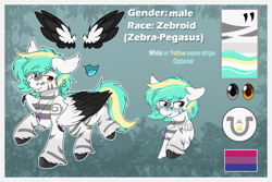 Size: 3920x2624 | Tagged: safe, artist:rokosmith26, imported from derpibooru, oc, oc only, hybrid, pegasus, zebra, zebrasus, zebroid, bisexual pride flag, blushing, chin fluff, claws, fangs, floppy ears, heterochromia, jewelry, male, markings, necklace, pegasus oc, pride, pride flag, reference sheet, short hair, short mane, smiling, stallion, standing, tail, tribal, tribal markings, unshorn fetlocks, wing claws, wings