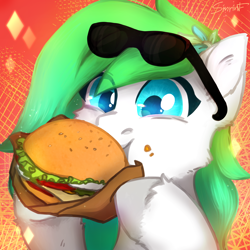 Size: 2480x2480 | Tagged: safe, artist:sinrinf, imported from derpibooru, oc, oc:gumdrop, pony, burger, commission, eating, flower, food, solo, sunglasses, ych result, your character here