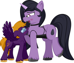 Size: 1920x1627 | Tagged: safe, artist:alexdti, imported from derpibooru, izzy moonbow, oc, oc:purple creativity, pegasus, pony, unicorn, blushing, chest fluff, choker, clothes, female, g5, glasses, goth, goth izzy, mare, scrunchy face, simple background, size difference, spread wings, transparent background, unshorn fetlocks, wingboner, wings
