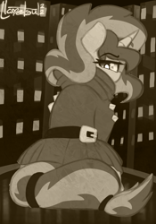 Size: 1780x2544 | Tagged: safe, artist:llametsul, imported from derpibooru, sunset shimmer, pony, unicorn, equestria girls, annoyed, belt, city, clothes, dress, female, horn, looking at you, looking back, looking back at you, mare, monochrome, signature, skirt, solo