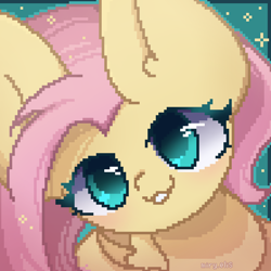 Size: 2000x2000 | Tagged: safe, artist:miryelis, imported from derpibooru, fluttershy, pegasus, pony, big ears, big eyes, cute, looking at you, pixel art, simple background, smiling, smiling at you, solo, sparkles