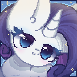 Size: 2000x2000 | Tagged: safe, artist:miryelis, imported from derpibooru, rarity, pony, unicorn, big ears, big eyes, blushing, cute, horn, looking at you, pixel art, simple background, smiling, smiling at you, solo, sparkles